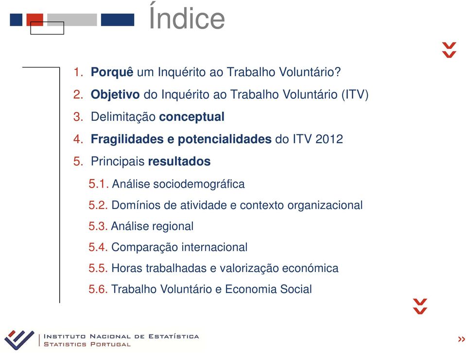 Fragilidades e potencialidades do ITV 2012 5. Principais resultados 5.1. Análise sociodemográfica 5.2. Domínios de atividade e contexto organizacional 5.