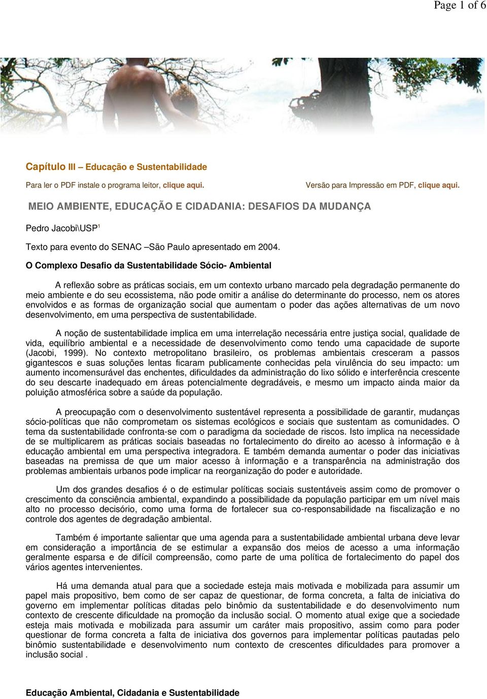 O Complexo Desafio da Sustentabilidade Sócio- Ambiental A reflexão sobre as práticas sociais, em um contexto urbano marcado pela degradação permanente do meio ambiente e do seu ecossistema, não pode