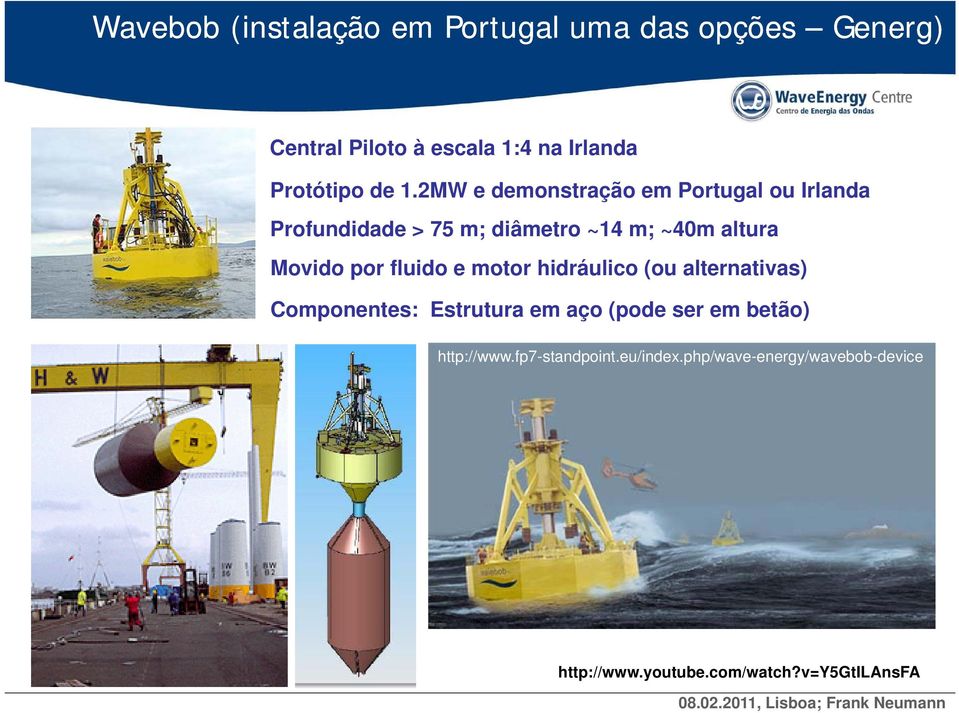 motor hidráulico (ou alternativas) Componentes: Estrutura em aço (pode ser em betão) http://www.fp7-standpoint.