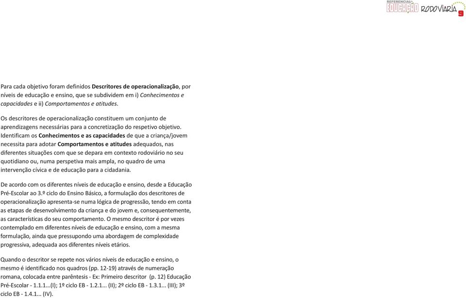 Identificam os Conhecimentos e as capacidades de que a criança/jovem necessita para adotar Comportamentos e atitudes adequados, nas diferentes situações com que se depara em contexto rodoviário no