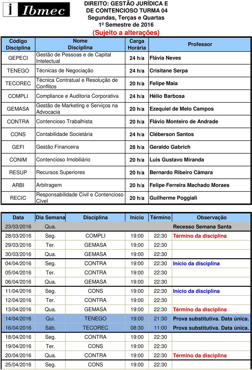 19:00 22:30 Início da disciplina 12/04/2016 Ter. 19:00 22:30 13/04/2016 Qua. 19:00 22:30 Término da disciplina 14/04/2016 Qui. 19:00 21:30 Prova substitutiva.