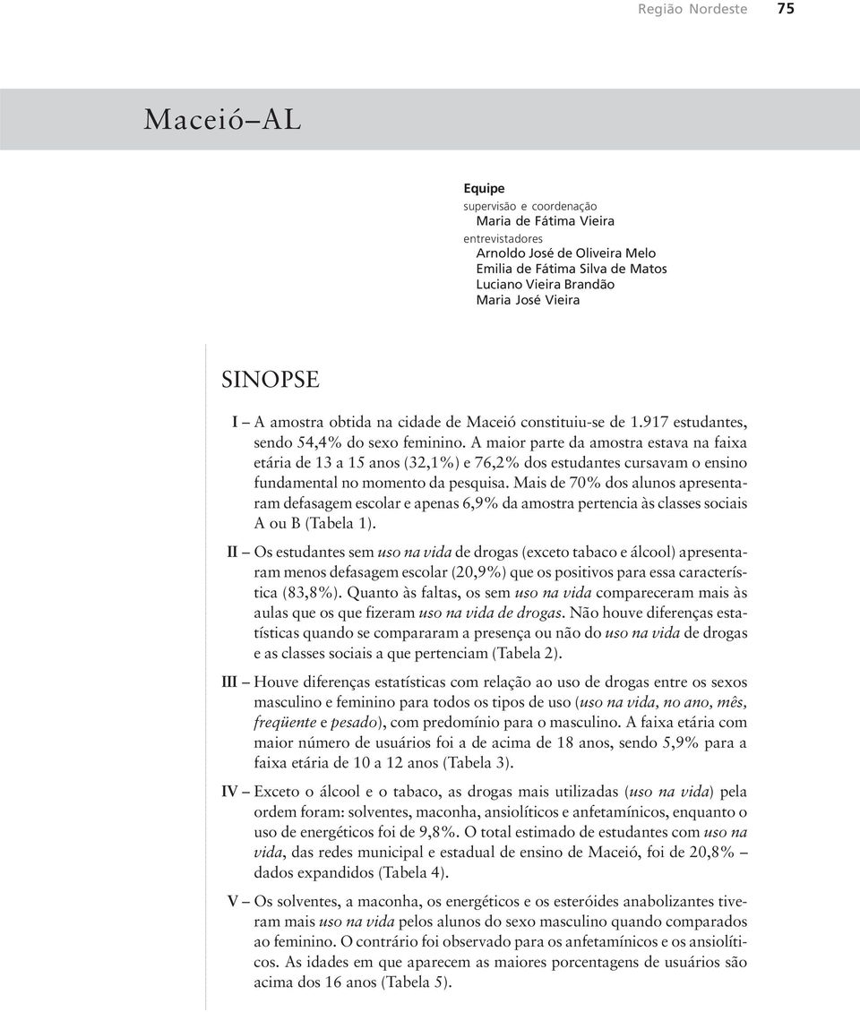 A maior parte da amostra estava na faixa etária de 13 a 15 anos (32,1%) e 76,2% dos estudantes cursavam o ensino fundamental no momento da pesquisa.