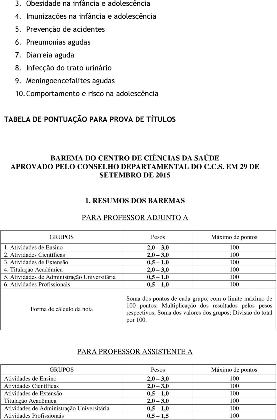 RESUMOS DOS BAREMAS PARA PROFESSOR ADJUNTO A GRUPOS Pesos Máximo de pontos 1. Atividades de Ensino 2,0 3,0 100 2. Atividades Científicas 2,0 3,0 100 3. Atividades de Extensão 0,5 1,0 100 4.