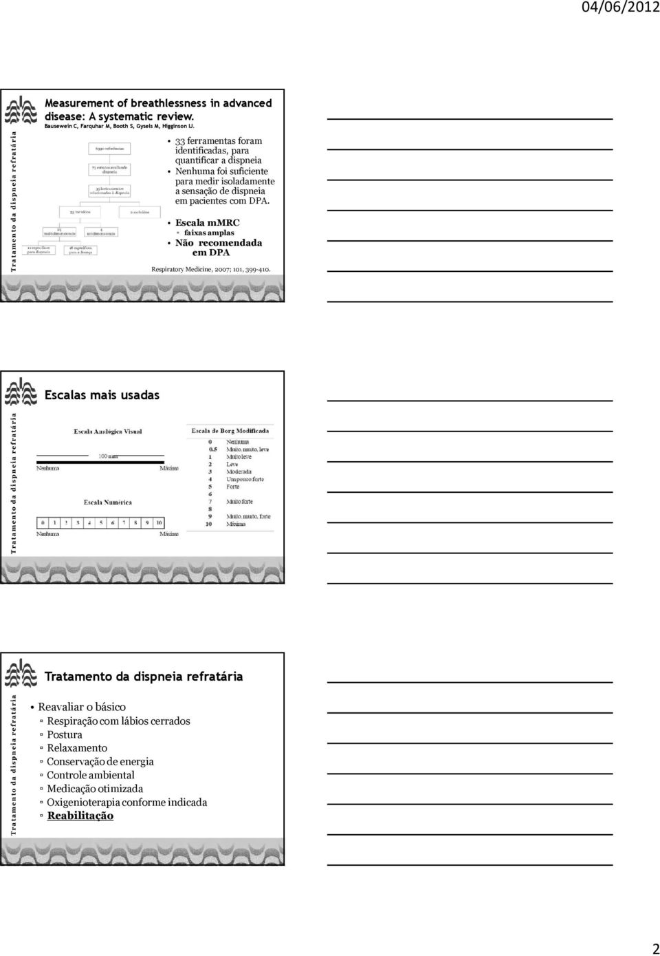 pacientes com DPA. Escala mmrc faixas amplas Não recomendada em DPA Respiratory Medicine, 2007; 101, 399-410.