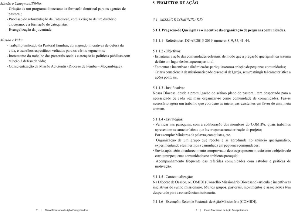 Missão e Vida: - Trabalho unificado da Pastoral familiar, abrangendo iniciativas de defesa da vida, e trabalhos específicos voltados para os vários segmentos; - Incremento do trabalho das pastorais