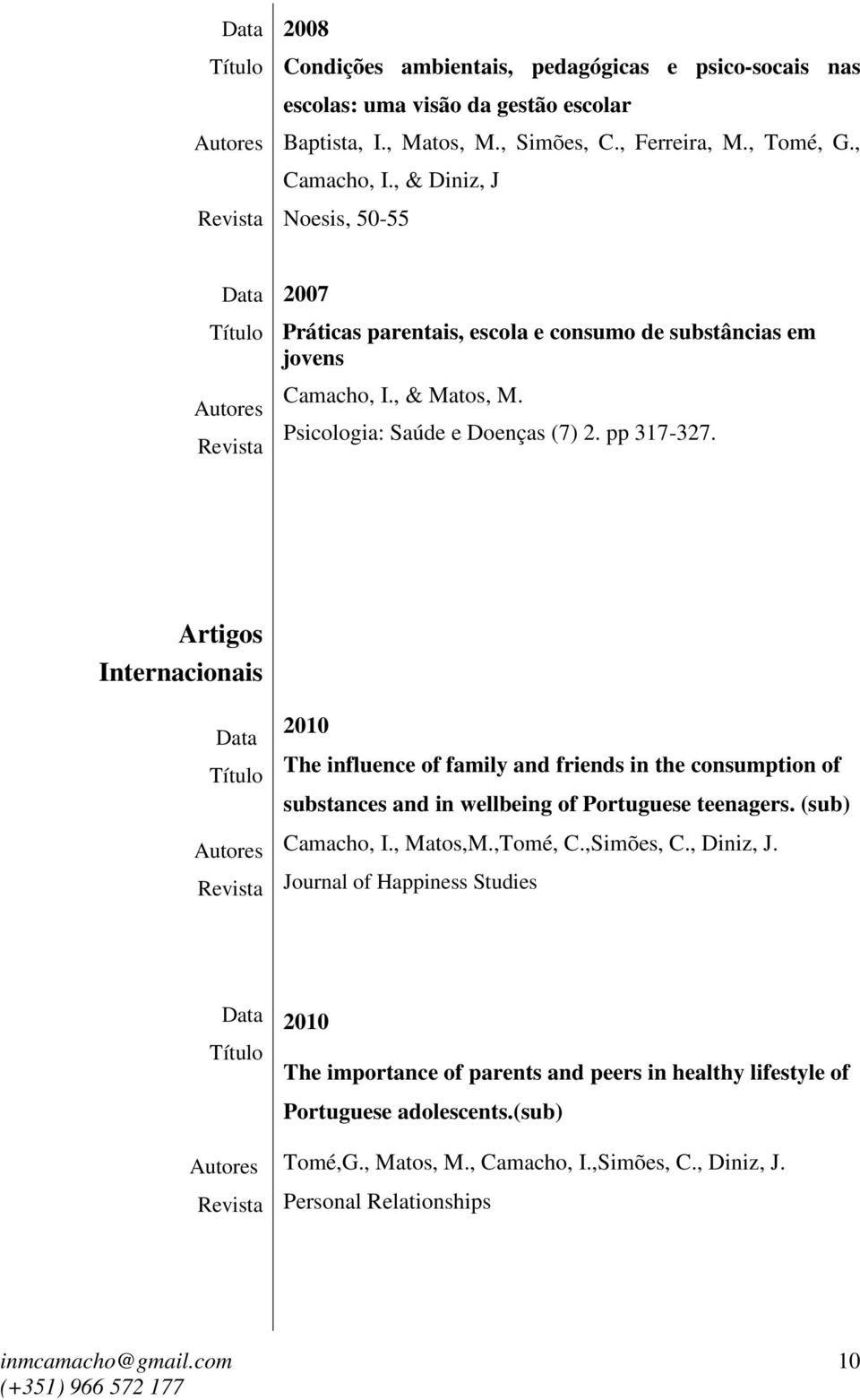 Artigos Internacionais Revista 2010 The influence of family and friends in the consumption of substances and in wellbeing of Portuguese teenagers. (sub) Camacho, I., Matos,M.,Tomé, C.