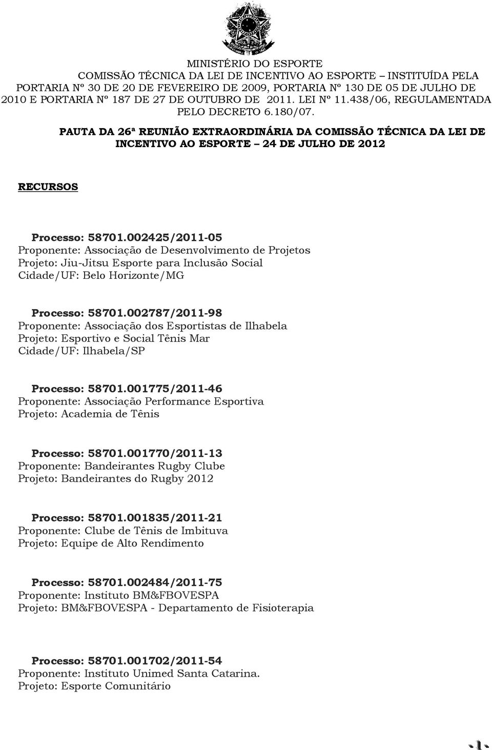 PAUTA DA 26ª REUNIÃO EXTRAORDINÁRIA DA COMISSÃO TÉCNICA DA LEI DE INCENTIVO AO ESPORTE 24 DE JULHO DE 2012 RECURSOS Processo: 58701.