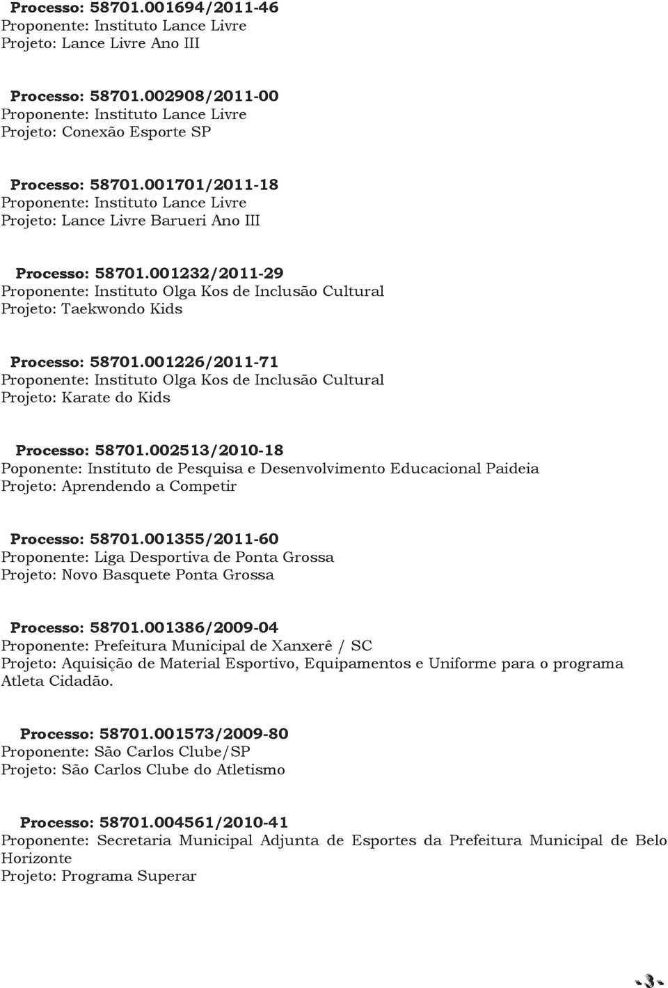 001232/2011-29 Proponente: Instituto Olga Kos de Inclusão Cultural Projeto: Taekwondo Kids Processo: 58701.