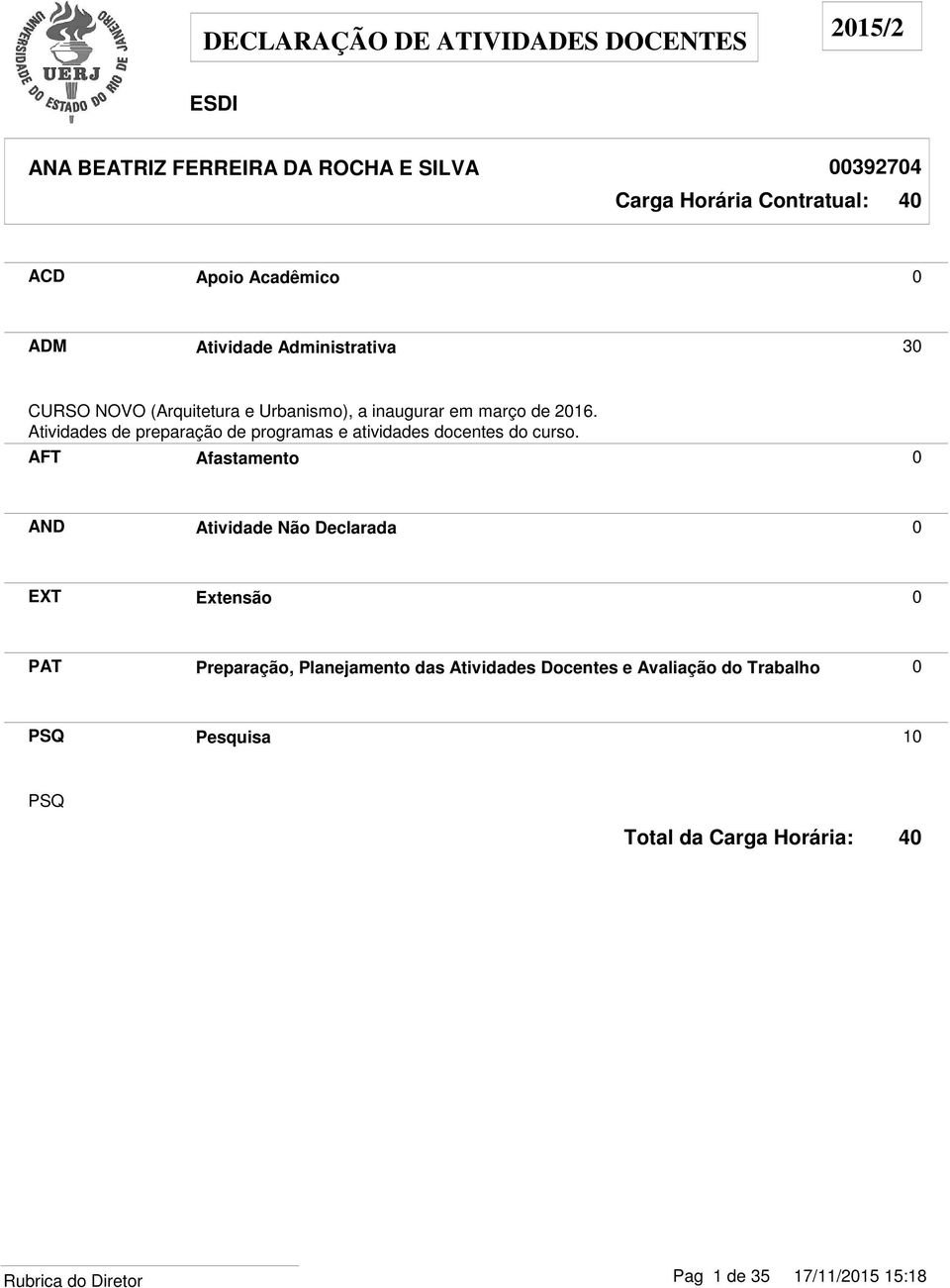 Atividades de preparação de programas e atividades docentes do curso.