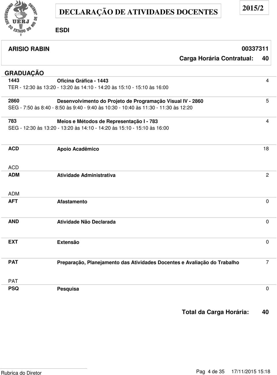 Representação I - 783 4 SEG - 12:30 às 13:20-13:20 às 14:10-14:20 às 15:10-15:10 às 16:00 ACD Apoio Acadêmico 18 ACD ADM Atividade