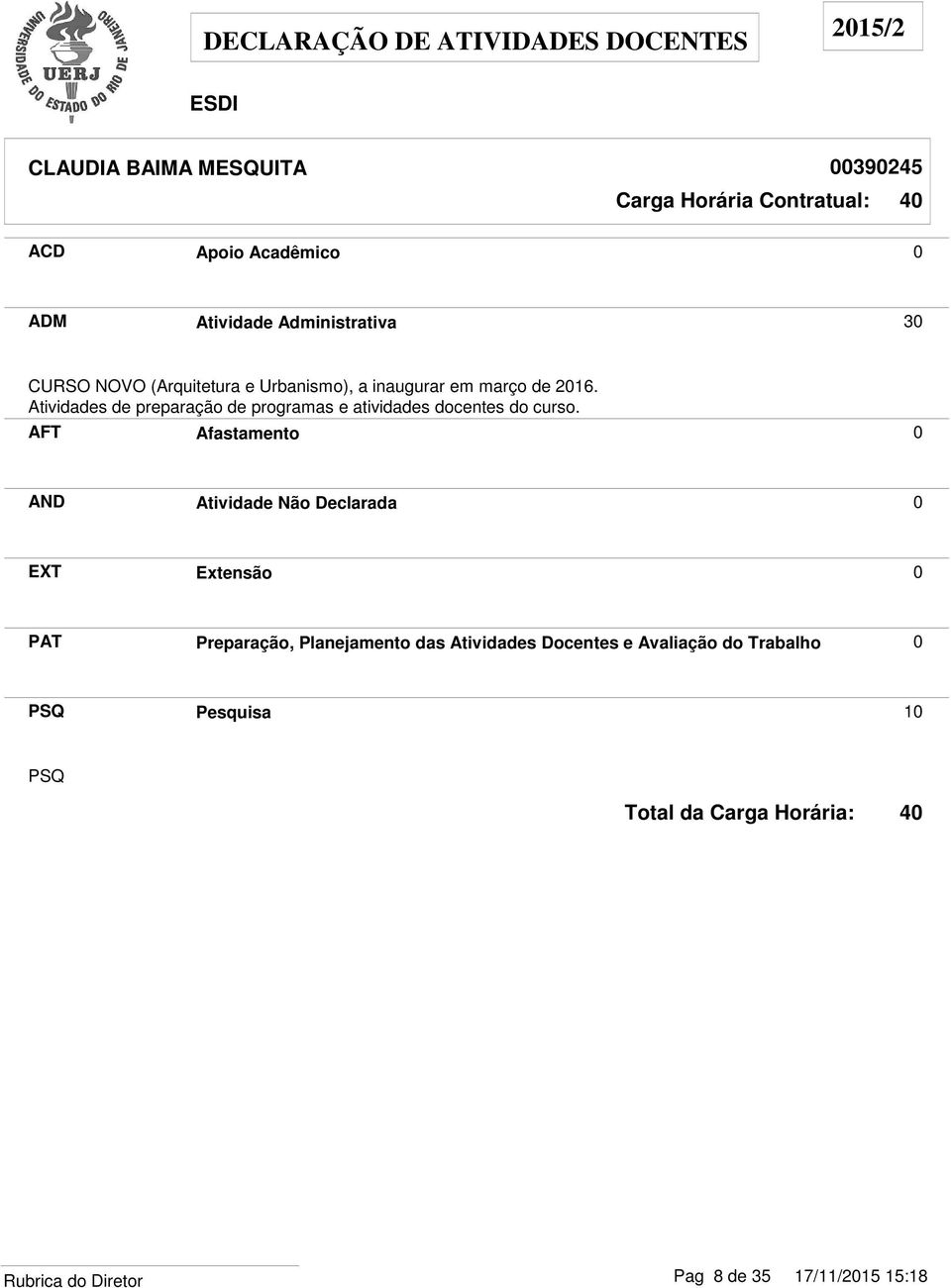 Atividades de preparação de programas e atividades docentes do curso.