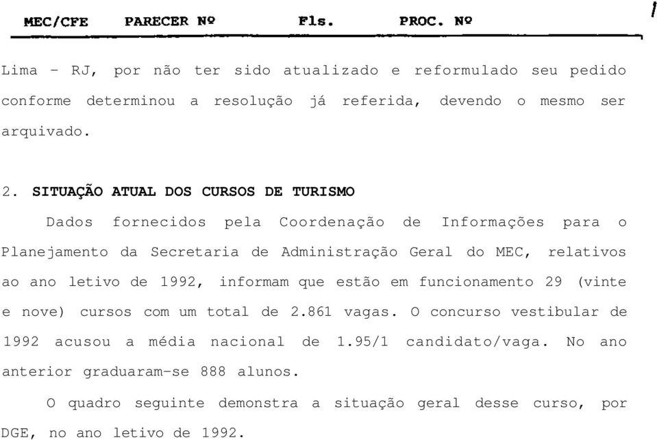 relativos ao ano letivo de 1992, informam que estão em funcionamento 29 (vinte e nove) cursos com um total de 2.861 vagas.