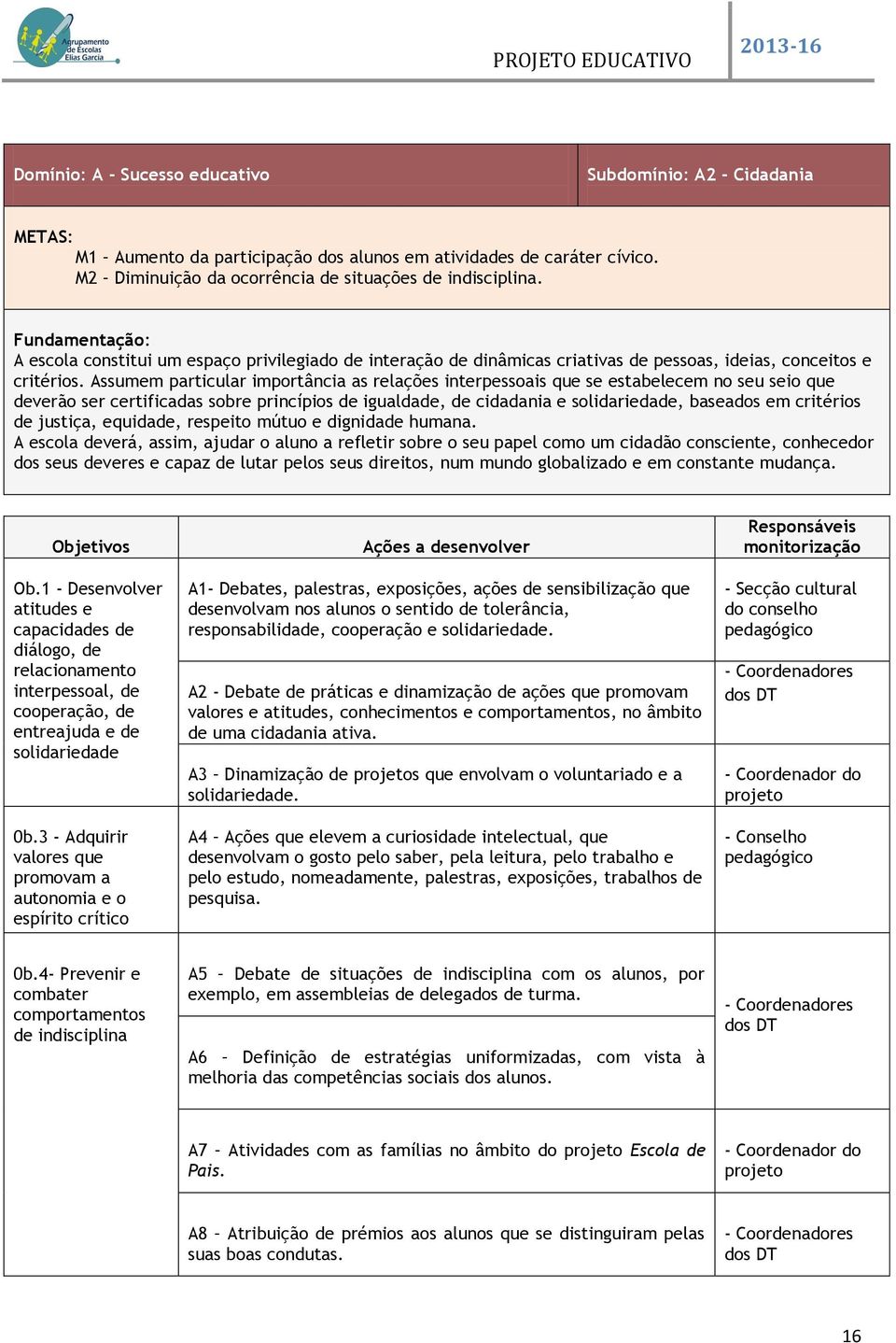 Assumem particular importância as relações interpessoais que se estabelecem no seu seio que deverão ser certificadas sobre princípios de igualdade, de cidadania e solidariedade, baseados em critérios