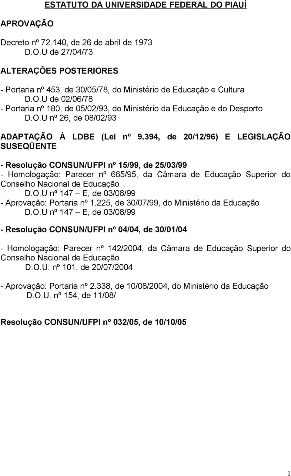 394, de 20/12/96) E LEGISLAÇÃO SUSEQÜENTE - Resolução CONSUN/UFPI nº 15/99, de 25/03/99 - Homologação: Parecer nº 665/95, da Câmara de Educação Superior do Conselho Nacional de Educação D.O.U nº 147 E, de 03/08/99 - Aprovação: Portaria nº 1.