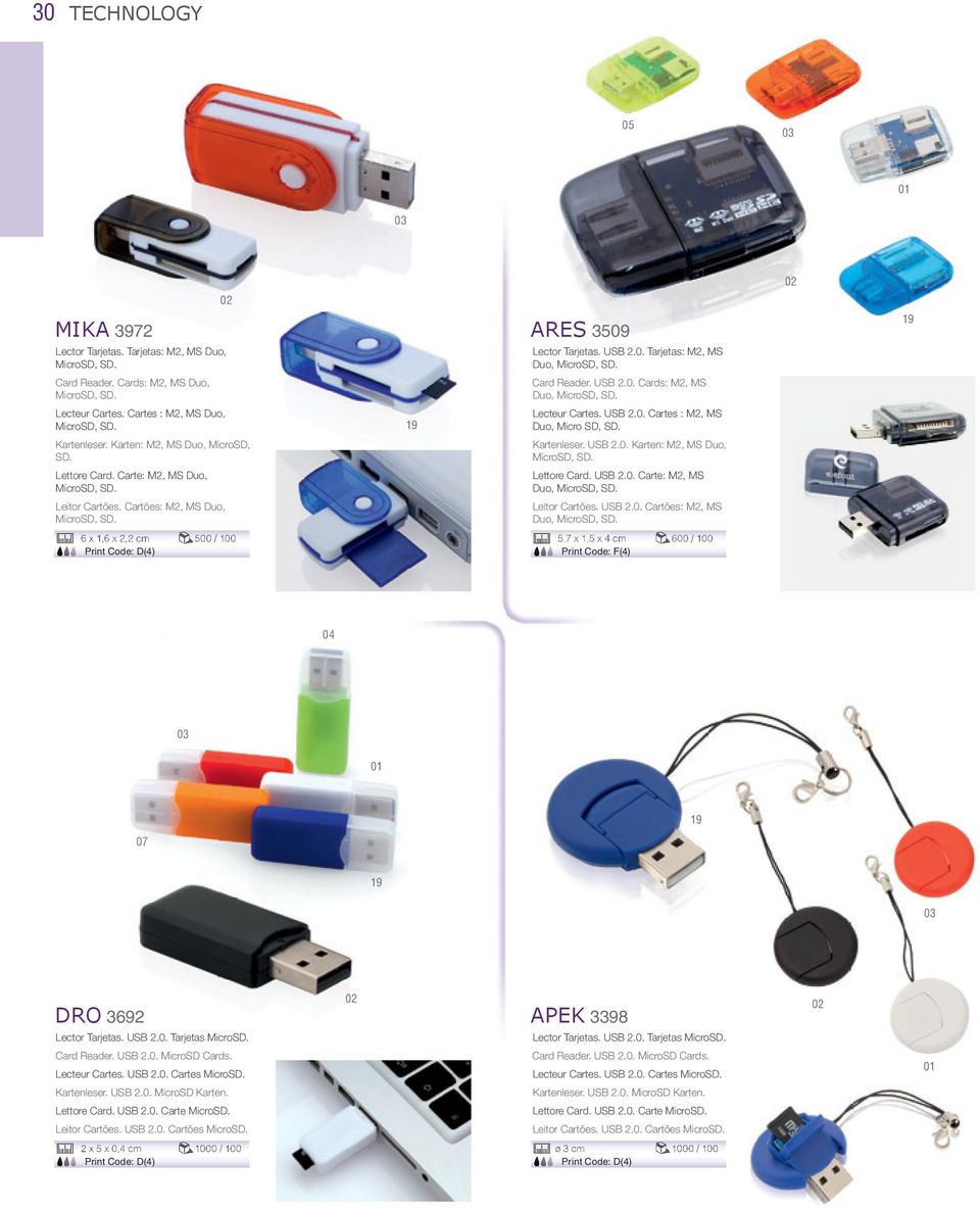 Card Reader. USB 2.0. Cards: M2, MS Duo, MicroSD, SD. Lecteur Cartes. USB 2.0. Cartes : M2, MS Duo, Micro SD, SD. Kartenleser. USB 2.0. Karten: M2, MS Duo, MicroSD, SD. Lettore Card. USB 2.0. Carte: M2, MS Duo, MicroSD, SD.