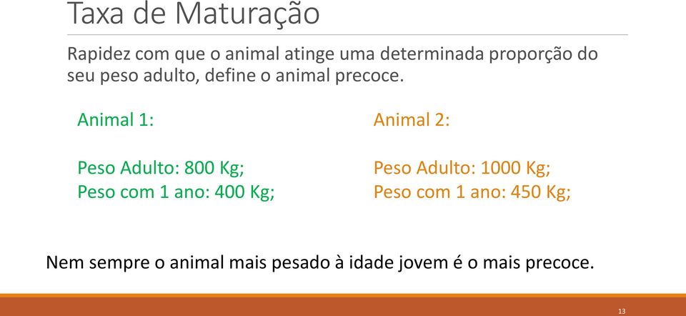Animal 1: Peso Adulto: 800 Kg; Peso com 1 ano: 400 Kg; Animal 2: Peso