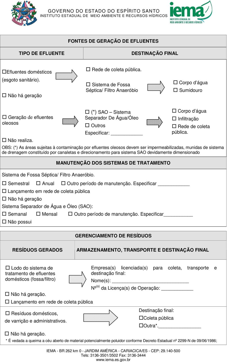 OBS: (*) As áreas sujeitas à contaminação por efluentes oleosos devem ser impermeabilizadas, munidas de sistema de drenagem constituído por canaletas e direcionamento para sistema SAO devidamente