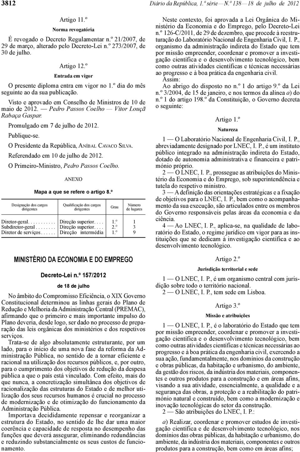 Visto e aprovado em Conselho de Ministros de 10 de maio de 2012. Pedro Passos Coelho Vítor Louçã Rabaça Gaspar. Promulgado em 7 de julho de 2012. Publique-se.