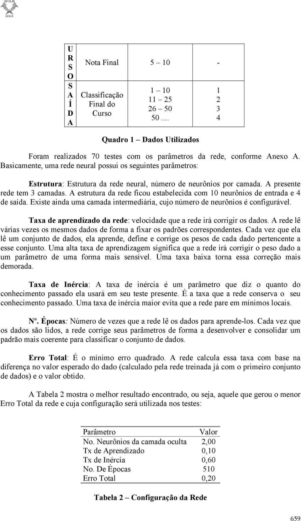 A estrutura da rede ficu estabelecida cm 0 neurônis de entrada e 4 de saída. Existe ainda uma camada intermediária, cuj númer de neurônis é cnfigurável.