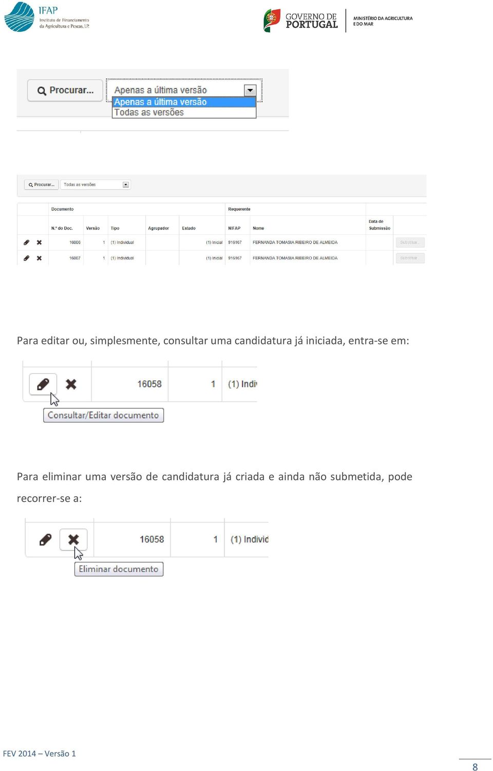 eliminar uma versão de candidatura já