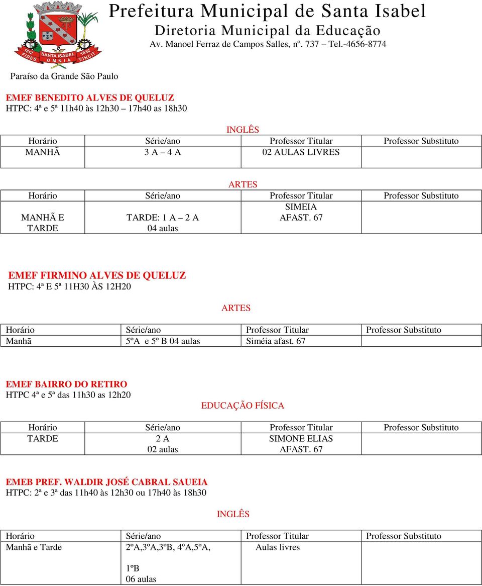 afast. 67 EMEF BAIRRO DO RETIRO HTPC 4ª e 5ª das 11h30 as 12h20 2 A 02 aulas EMEB PREF.