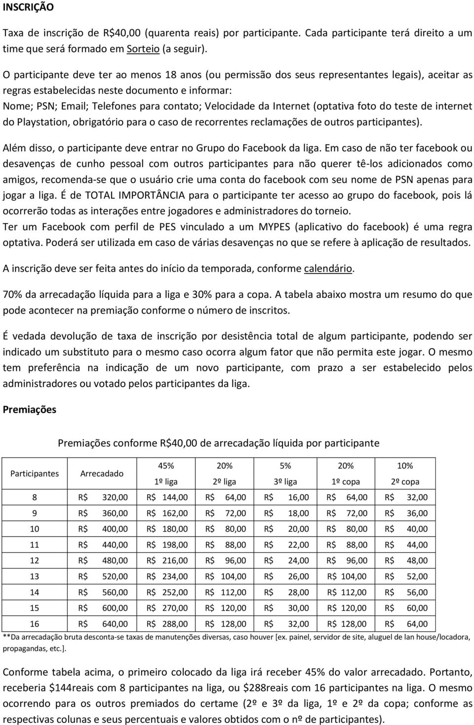 Velocidade da Internet (optativa foto do teste de internet do Playstation, obrigatório para o caso de recorrentes reclamações de outros participantes).