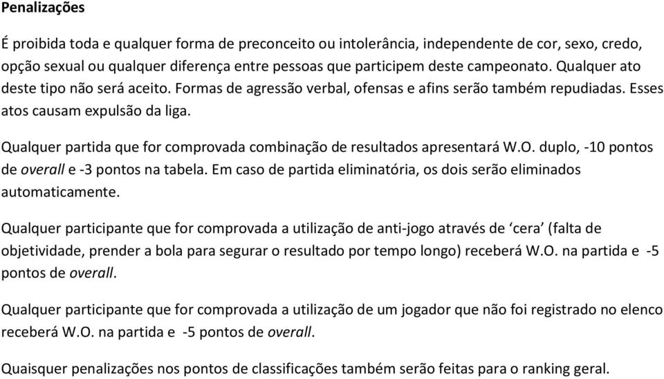 Qualquer partida que for comprovada combinação de resultados apresentará W.O. duplo, -10 pontos de overall e -3 pontos na tabela.