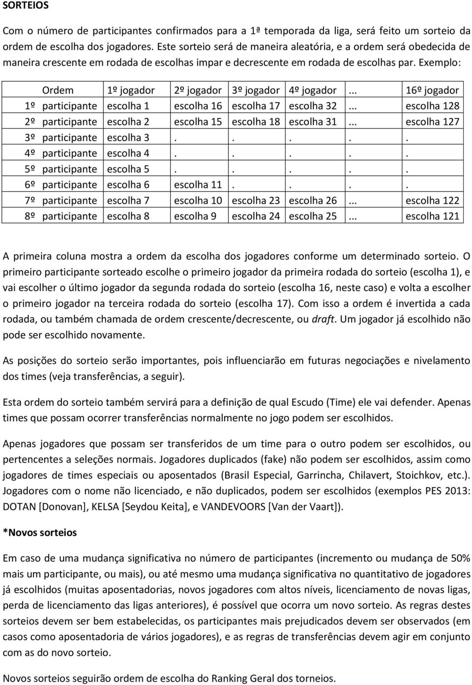 Exemplo: Ordem 1º jogador 2º jogador 3º jogador 4º jogador... 16º jogador 1º participante escolha 1 escolha 16 escolha 17 escolha 32.