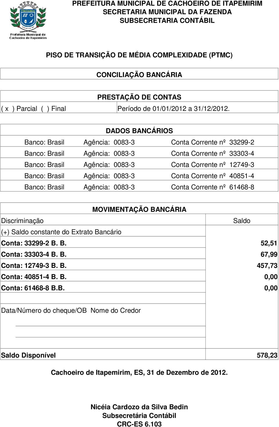 Corrente nº 12749-3 Banco: Brasil Agência: 0083-3 Conta Corrente nº 40851-4 Banco: Brasil Agência: 0083-3 Conta Corrente nº 61468-8 MOVIMENTAÇÃO BANCÁRIA Discriminação