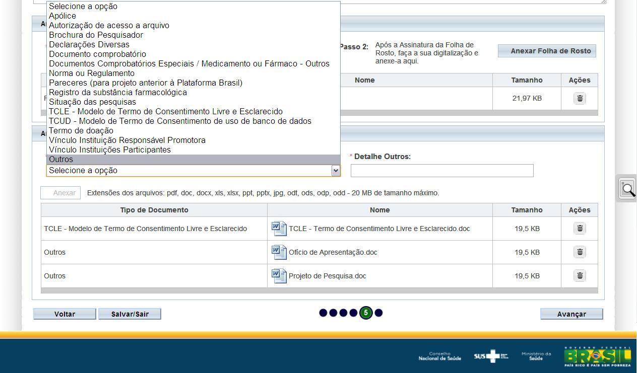 29 Para anexar o Termo de Anuência da Instituição Coparticipante, clique nesta liste suspensa, escolhendo a opção denominada Outros que conseqüentemente abrirá o