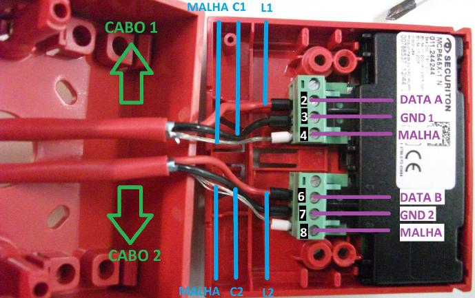 Conexão do acionador manual: Instrução de montagem para SecuriFire Conexão - O laço deve entrar por Data A (L1, pino 2)/ GND (C1, pino 3)