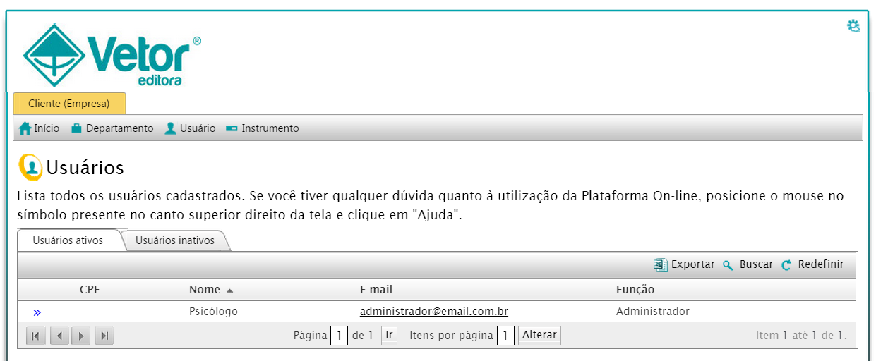 Em seguida, os dados cadastrados são visualizados na tela abaixo. O Administrador poderá cadastrar quantos departamentos desejar.