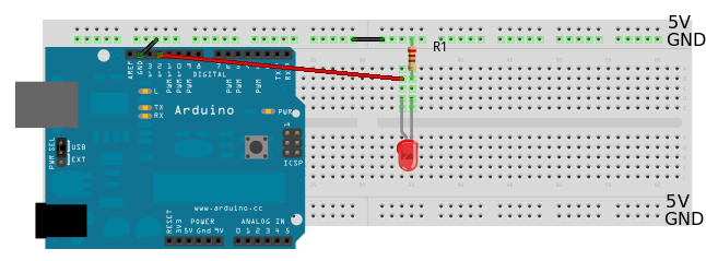 Outra representação da mesma forma de conectar o LED à protoboard.