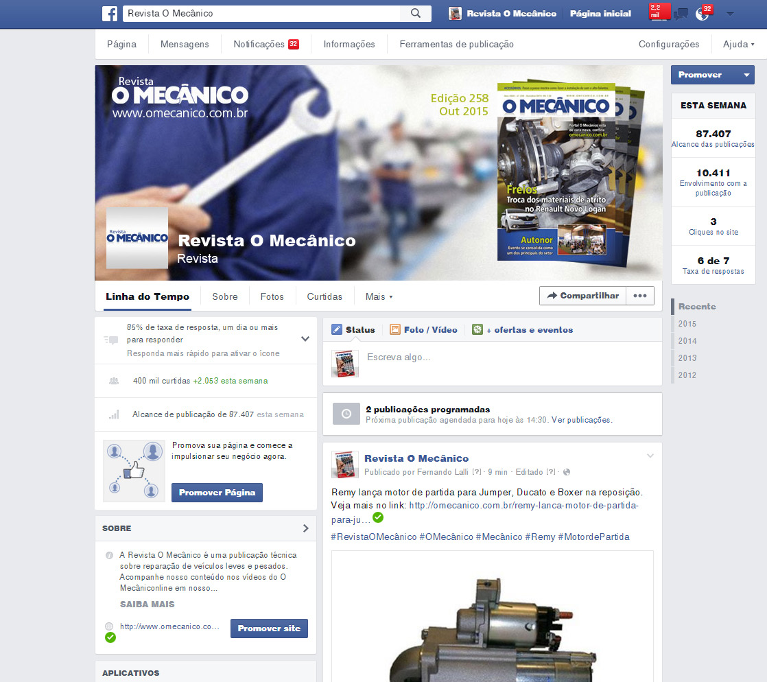 Facebook O Mecânico 8 Engajamento acima da média de mercado, ALTA INTERAÇÃO DIÁRIA COM OS POSTS! facebook.