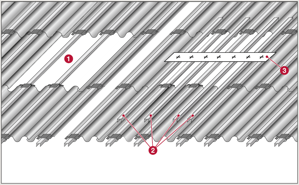 Reabilitação de coberturas de fibrocimento Pontos singulares (continuação) Cumeeira em bisel 1. Elemento de cumeeira em bisel de fibrocimento 2.