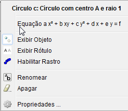 41 Escolha a opção ângulo. Então clique primeiro no EixoX entre o ponto existente e o ponto (1,0) e depois clique sobre o segmento de reta que liga o centro (0,0) e o ponto sobre a circunferência.