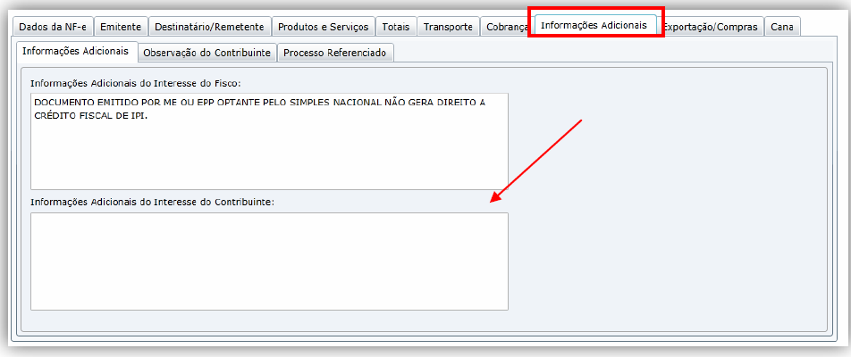 Informações Adicionais: Nesta aba o sistema carrega automaticamente o que estiver cadastrado em Configurações.