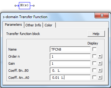 Modelagem de conversores em condução descontínua 139 Fig. 6.15 - Janela de configurações do elemento s-domain Transfer Function A Fig. 6.15 mostra a janela de configurações do bloco e mostra também o bloco inserido.