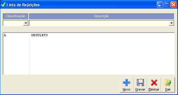 Campo de preenchimento obrigatório Lista de zonas inseridas Lista de Rejeições O campo Classificação e Descrição são de preenchimento obrigatório. Esta tabela é de preenchimento facultativo.