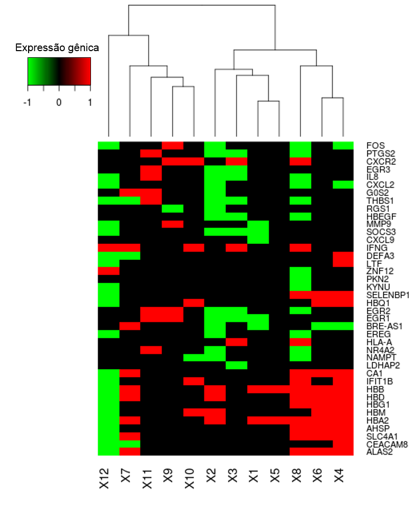 83 Figura 11: Heatmap apresentando a variabilidade de expressão de genes selecionados nos indivíduos na fase de