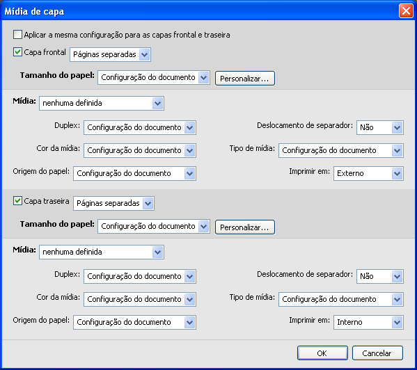 COMMAND WORKSTATION 22 PARA DEFINIR CONFIGURAÇÕES DE MÍDIA DE CAPA 1 Na caixa de diálogo Mídia mista, clique em Definir capa. A caixa de diálogo Mídia de capa é exibida.