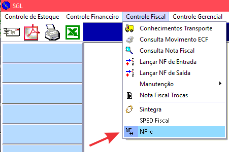 No SGL, no menu CONTROLE FISCAL, clique em NF-e.
