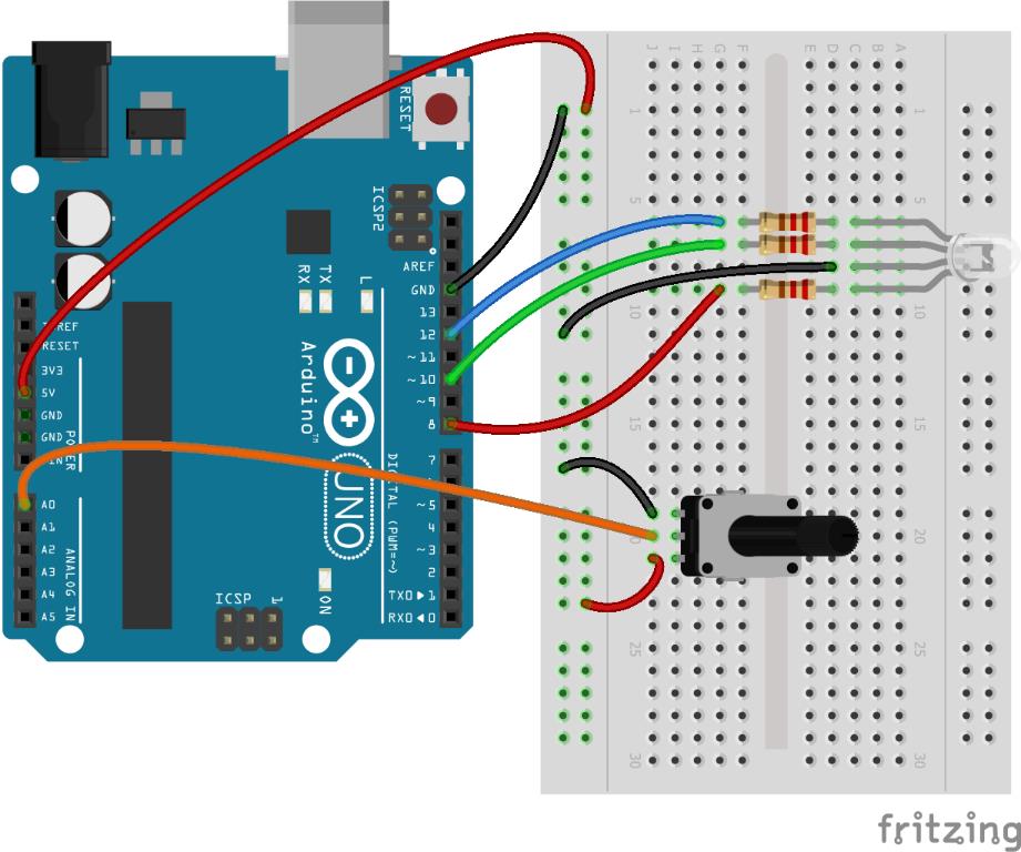 85. Observe a montagem na protoboard, onde aparecem um led RGB de negativo comum e um potenciômetro, ao lado do código que foi carregado no Arduino.