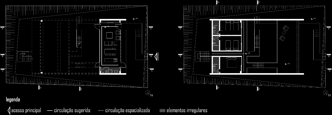Figura 8: Circulação e elementos irregulares pavimento térreo e primeiro pavimento da Casa em Tibau, 2011.
