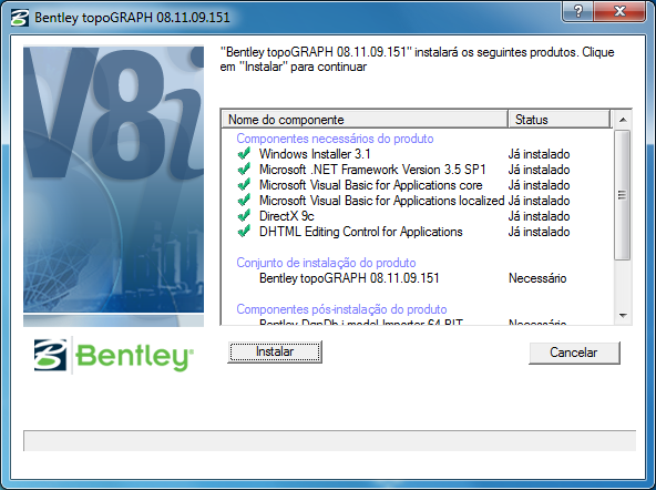 Quando a primeira caixa de diálogo do processo de instalação do Bentley topograph for apresentada, não altere nada, simplesmente, clique em OK.