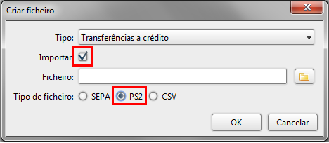 7.3.1.11 Criar por importação de ficheiro PS2 É possível criar um ficheiro de transferências importando um ficheiro PS2 na criação de um novo ficheiro.