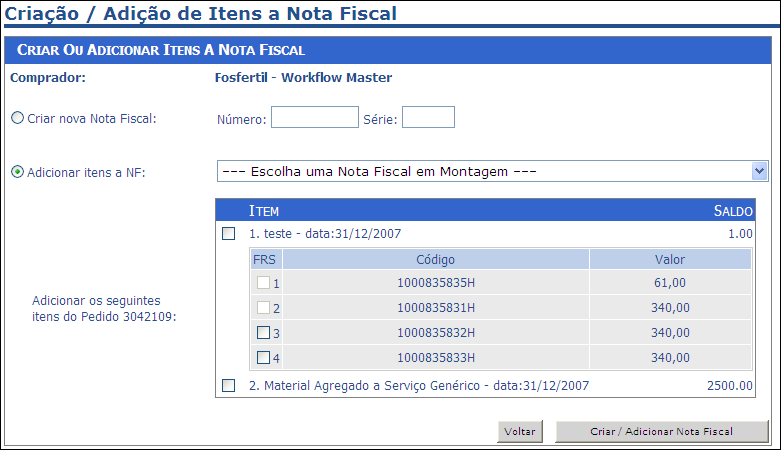 7.1 Selecionando os Itens da NF Nesta página você poderá selecionar os itens que irão compor o espelho de nota fiscal 1 2 3 4 5 6 1- Nome do Comprador 2- Número e Série da Nota Fiscal 3- Lista de