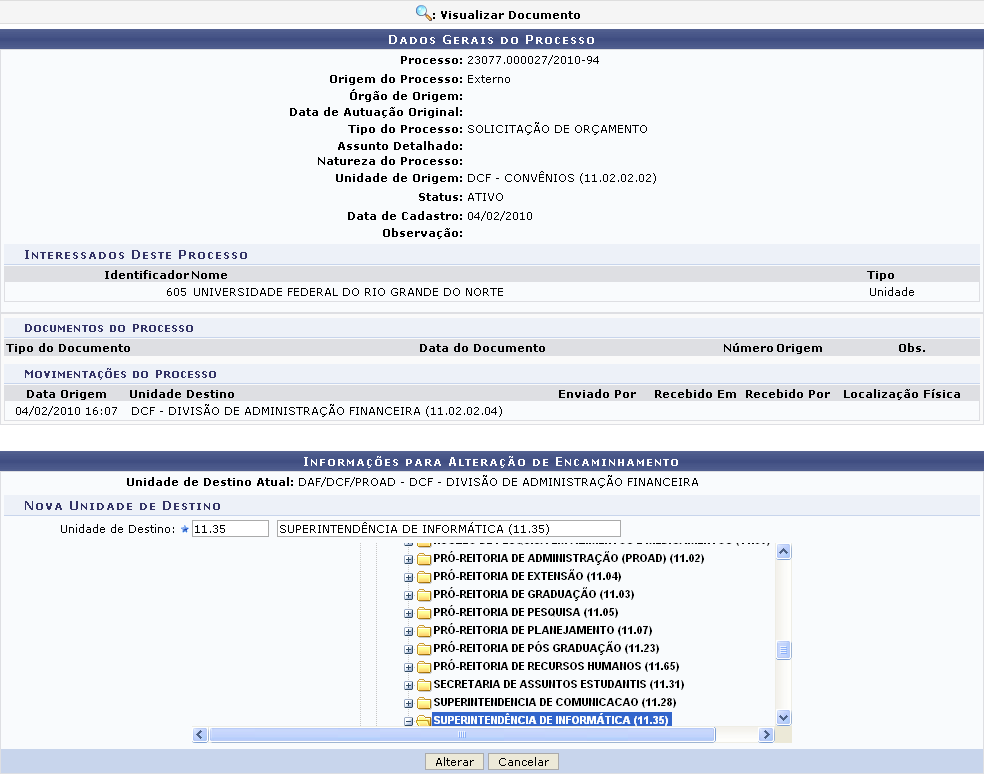 Para alterar o encaminhamento do processo, clique no ícone processo desejado.