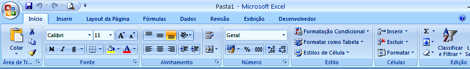 Conhecendo a aba INÍCIO O Microsoft Excel 2007 teve uma grande alteração de seu layout com relação à versão anterior, (2003), tornando-se mais amigável e fácil de visualizar suas funções.