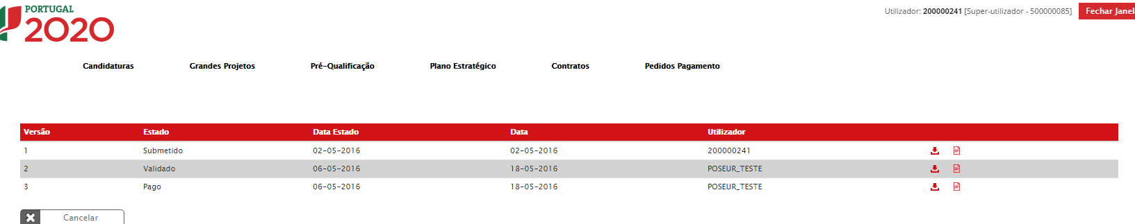 Neste ecrã de Pesquisa de Pedidos de Pagamento permite ao beneficiário: - Consultar o resumo do Pedido de Pagamento através do botão Detalhes FIGURA 28 ECRÃ PESQUISA DE PEDIDOS DE PAGAMENTO -